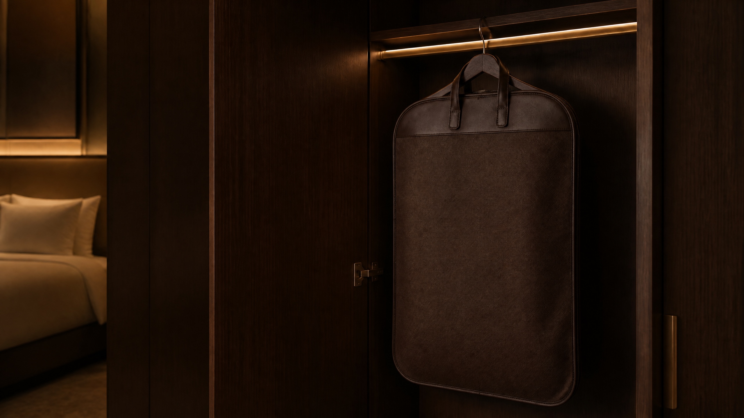 Suit bag in a hotel suite