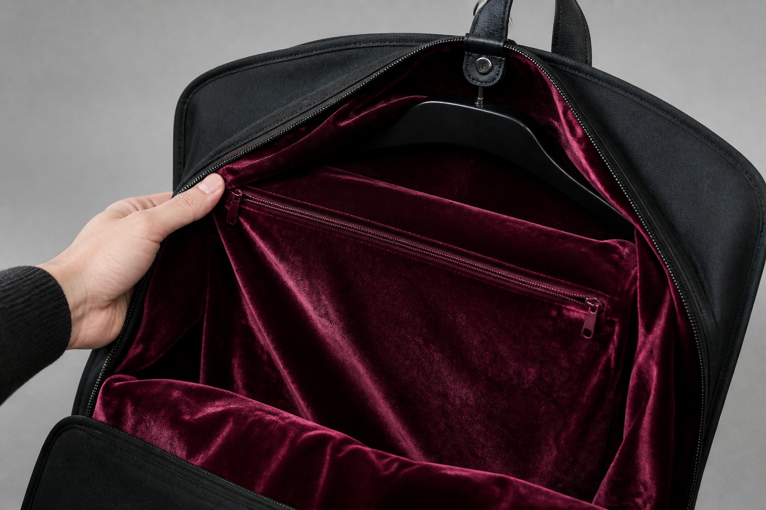 velvet lining and inner zip pockets for premium custom garment bags