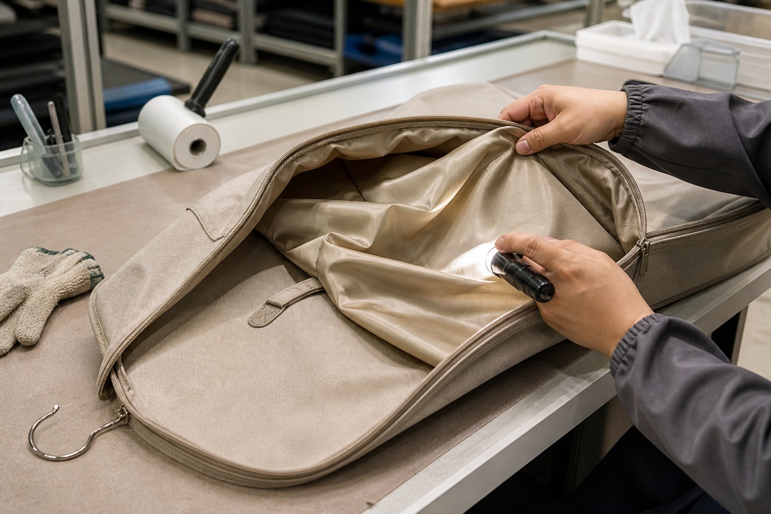 quality inspection of custom suit bags before packing at stolora factory